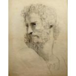 Bleistift/Papier. Zeichnung eines gelockten Männerkopfes mit Bart, welcher sein Haupt nach links