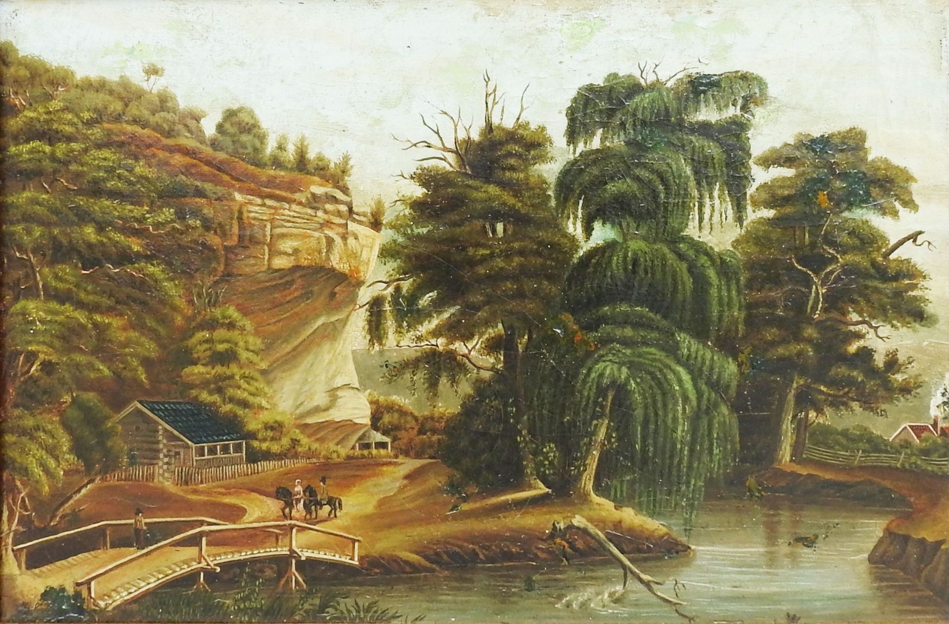 Öl/Leinwand auf Holz doubl. Das Gemälde zeigt den Blick auf das Ufer eines nach rechts ziehenden