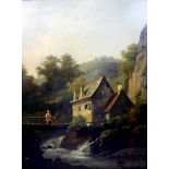 Öl/Holz. Der Bildausschnitt zeigt eine Mühle an einem Bach. Auf der Brücke steht ein Pärchen ins