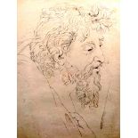 Bleistift/Papier. Zeichnung eines gelockten Männerkopfes mit Bart, welcher sein Haupt, mit müdem