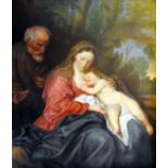 Öl/Leinwand. Darstellung Mariens und Josephs mit ihrem nackten Sohn Jesus auf Mariens Schoß, vor