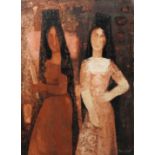 Öl/Leinwand. Bildnis zweier Damen mit schwarzem Schleier. In dunkler, roter Farbpalette. Llovet