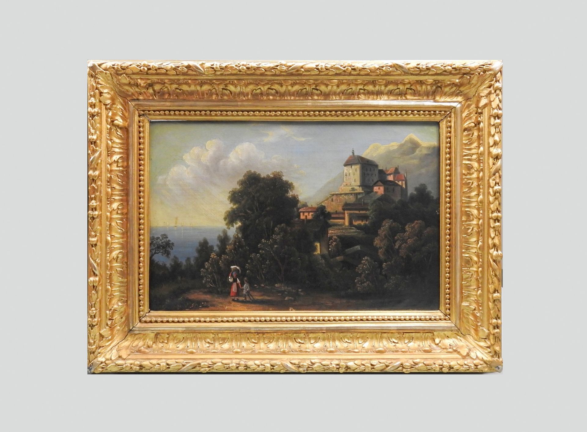 Öl/Leinwand. Das Gemälde zeigt ein Dorf an den Hängen eines Berges, im Hintergrund ein Gebirge wie - Image 2 of 3