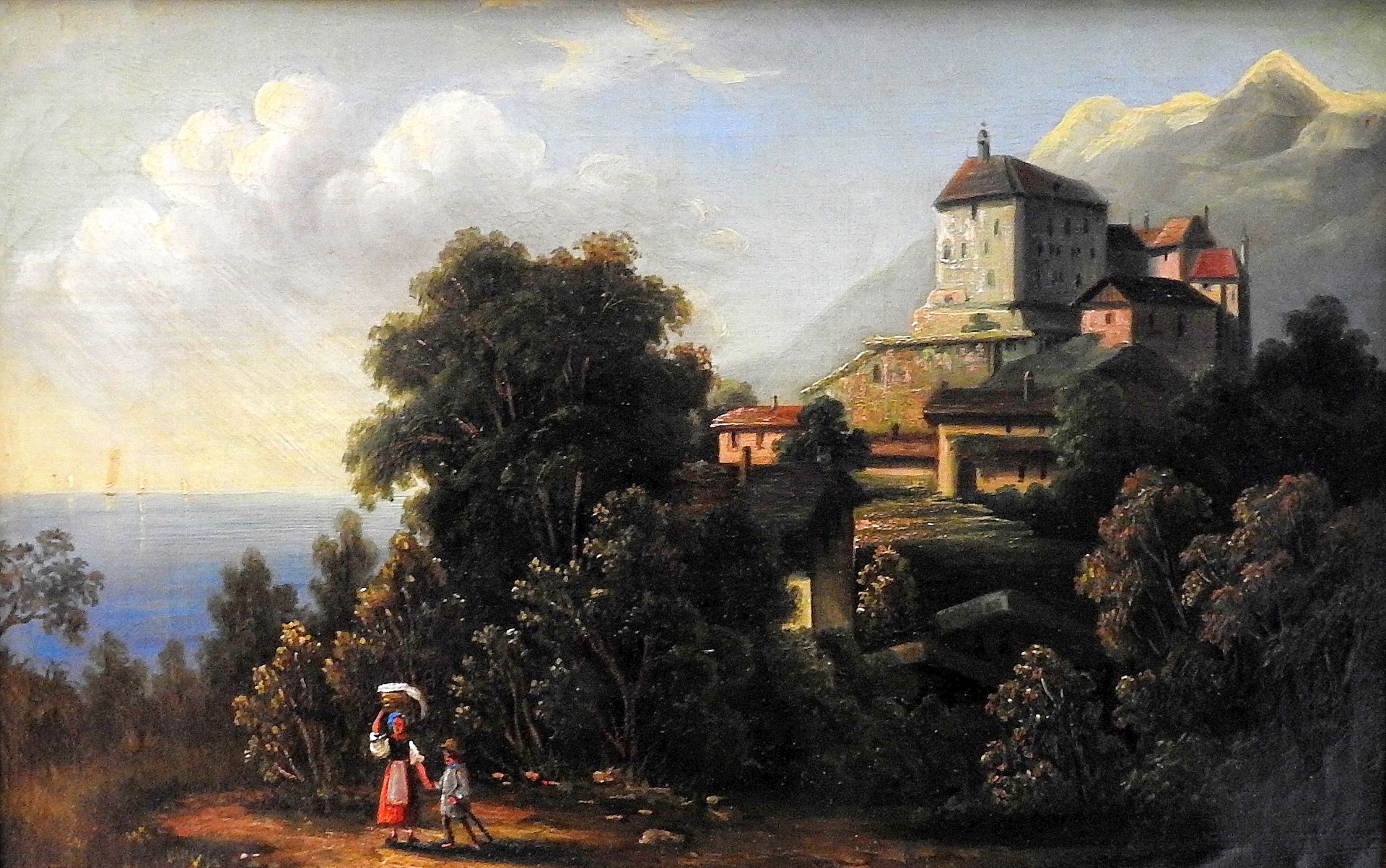 Öl/Leinwand. Das Gemälde zeigt ein Dorf an den Hängen eines Berges, im Hintergrund ein Gebirge wie