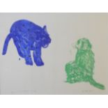 Lithographie /Papier. Bild eines grünen Pavians und eines Jaguars. Unten rechts signiert mit