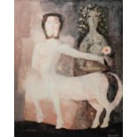 Öl/Leinwand. Bildnis einer blumenbekränzten Frau und eines Kentauren, der der Frau eine Blume