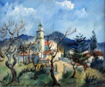 Heckendorf, Franz: Blick auf mediterranes Dorf mit Kirche