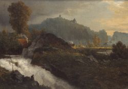 Achenbach, Oswald:  Abendliche Landschaft mit Wasserfall