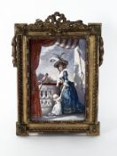 Miniaturmaler des 19. Jh.:  Höfische Dame mit Kind und Papagei auf der Loggia 