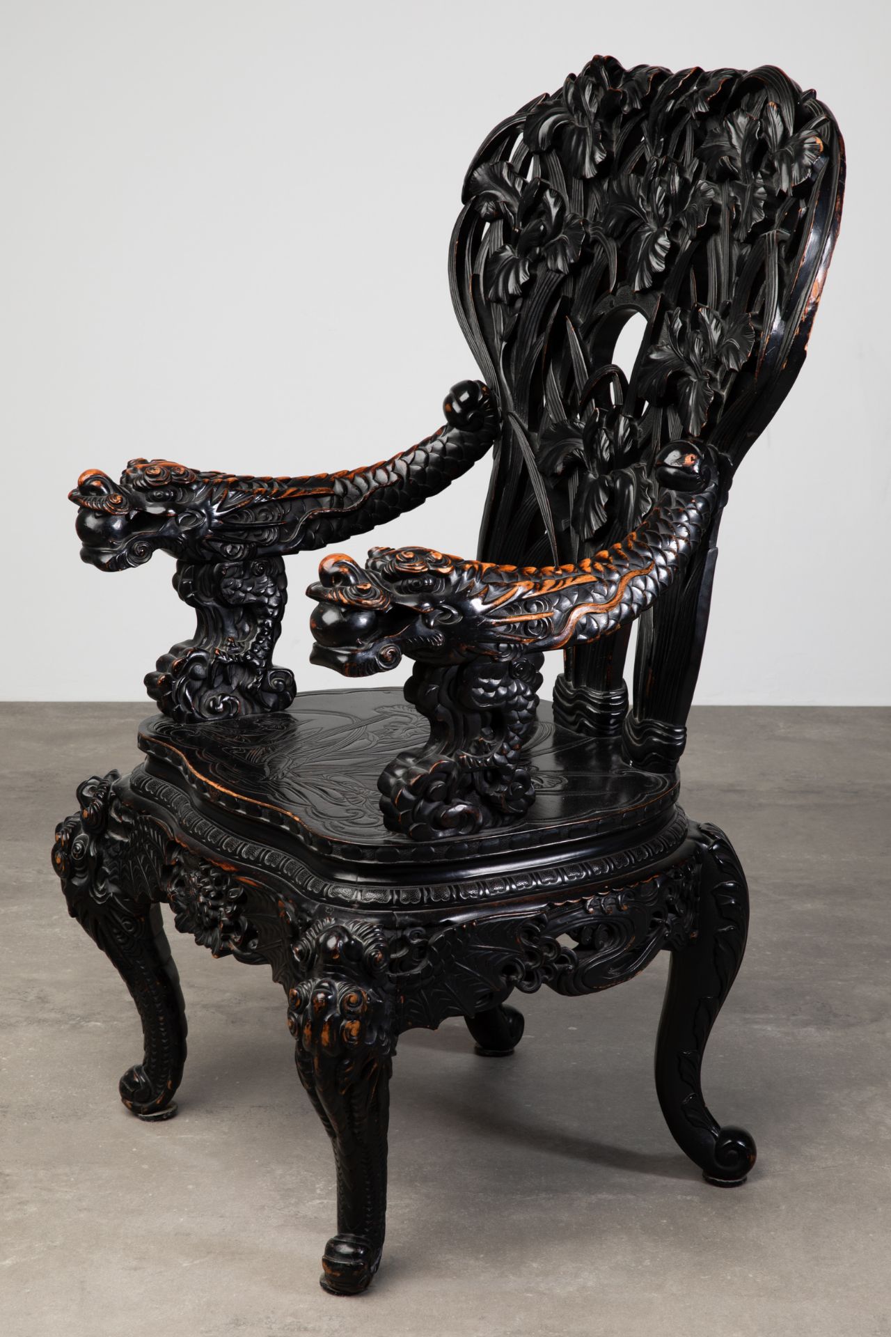 Large Carved Armchair with dragons and lilies, China