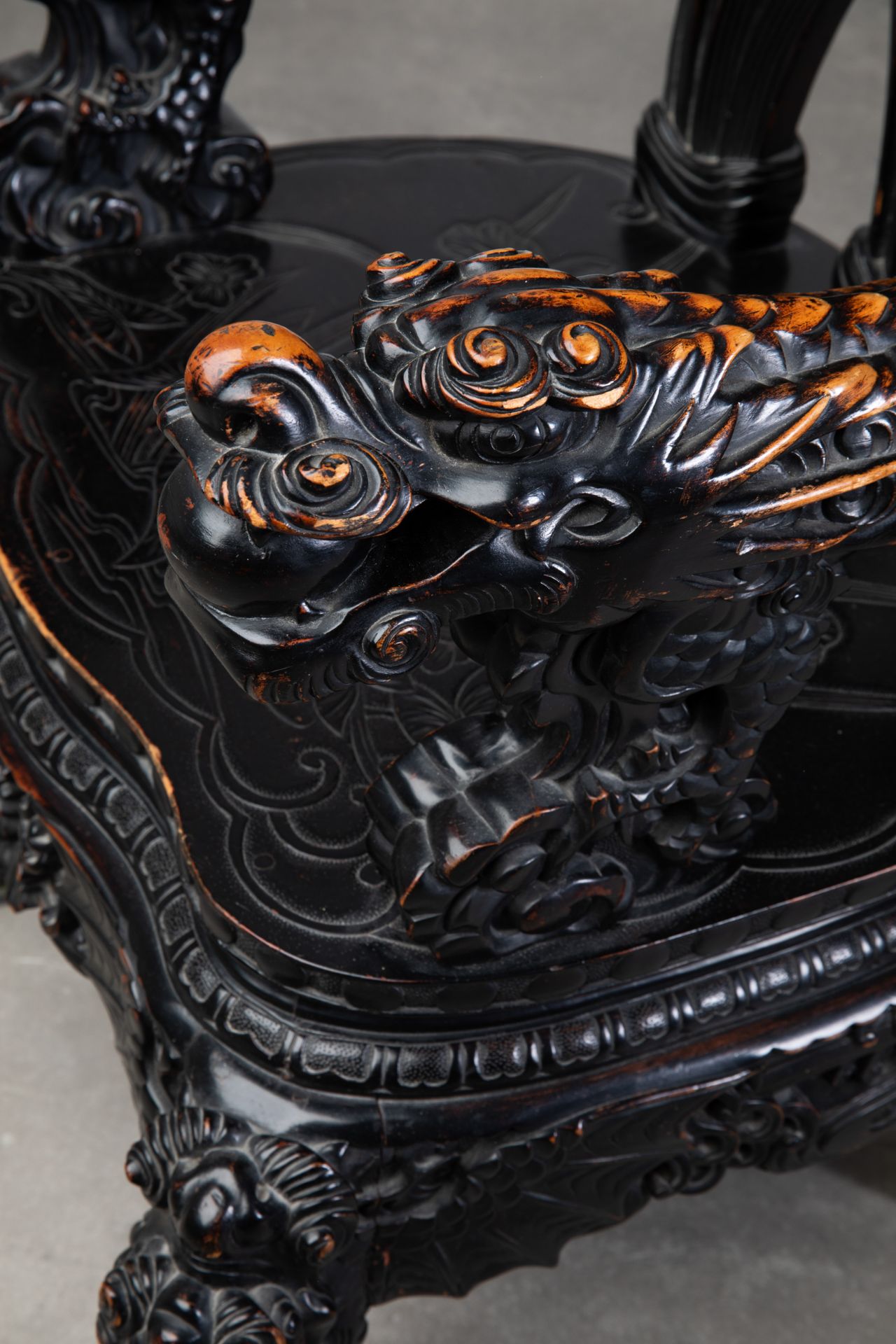 Large Carved Armchair with dragons and lilies, China - Image 2 of 4