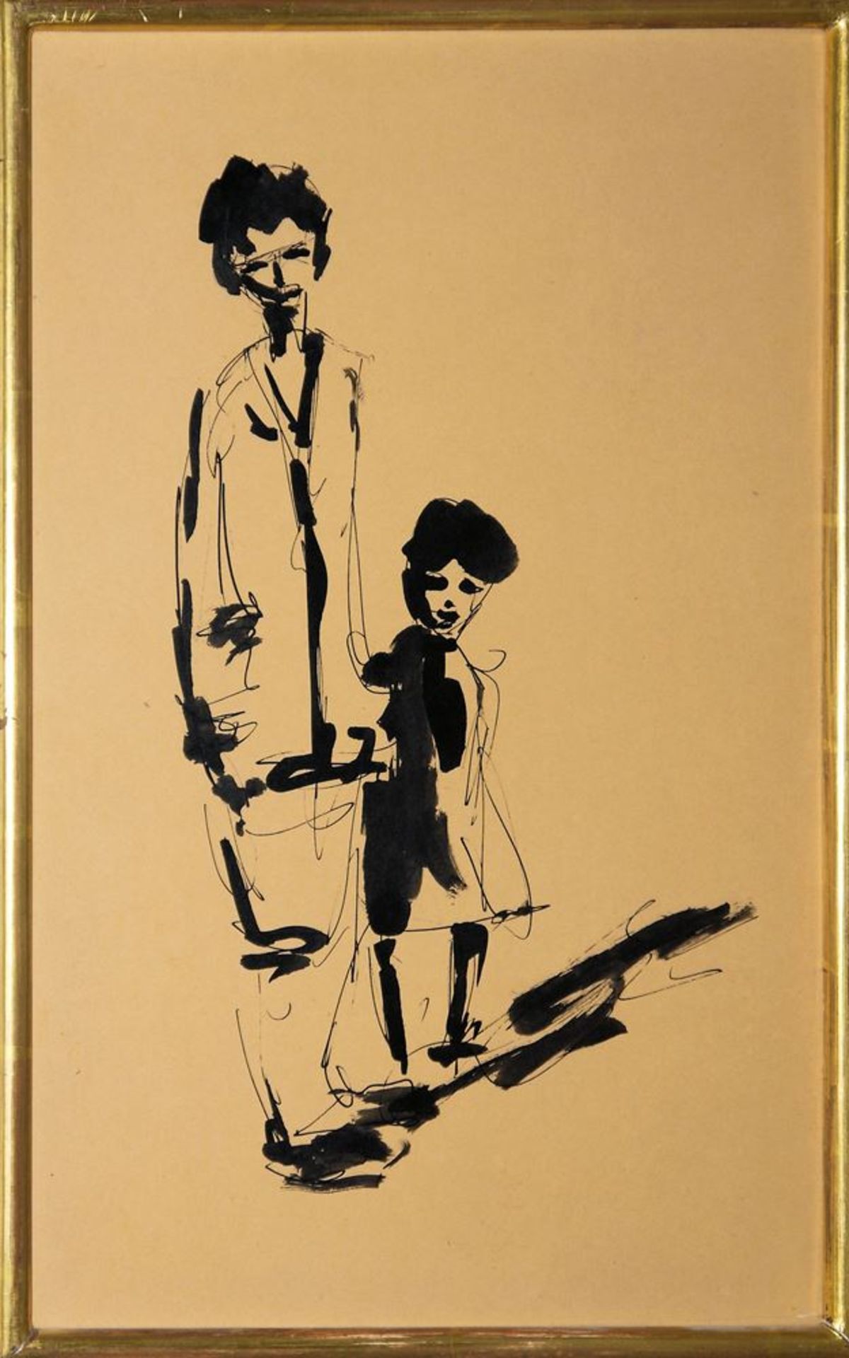 Heinrich Arrigo Wittler, Junge Mutter mit Kind, Tuschezeichnung um 1960, gerahm