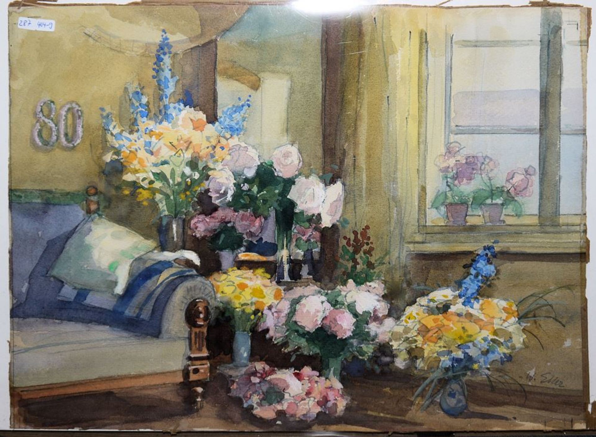 Wilhelm Eller, Mit Blumen geschmücktes Zimmer, Aquarell