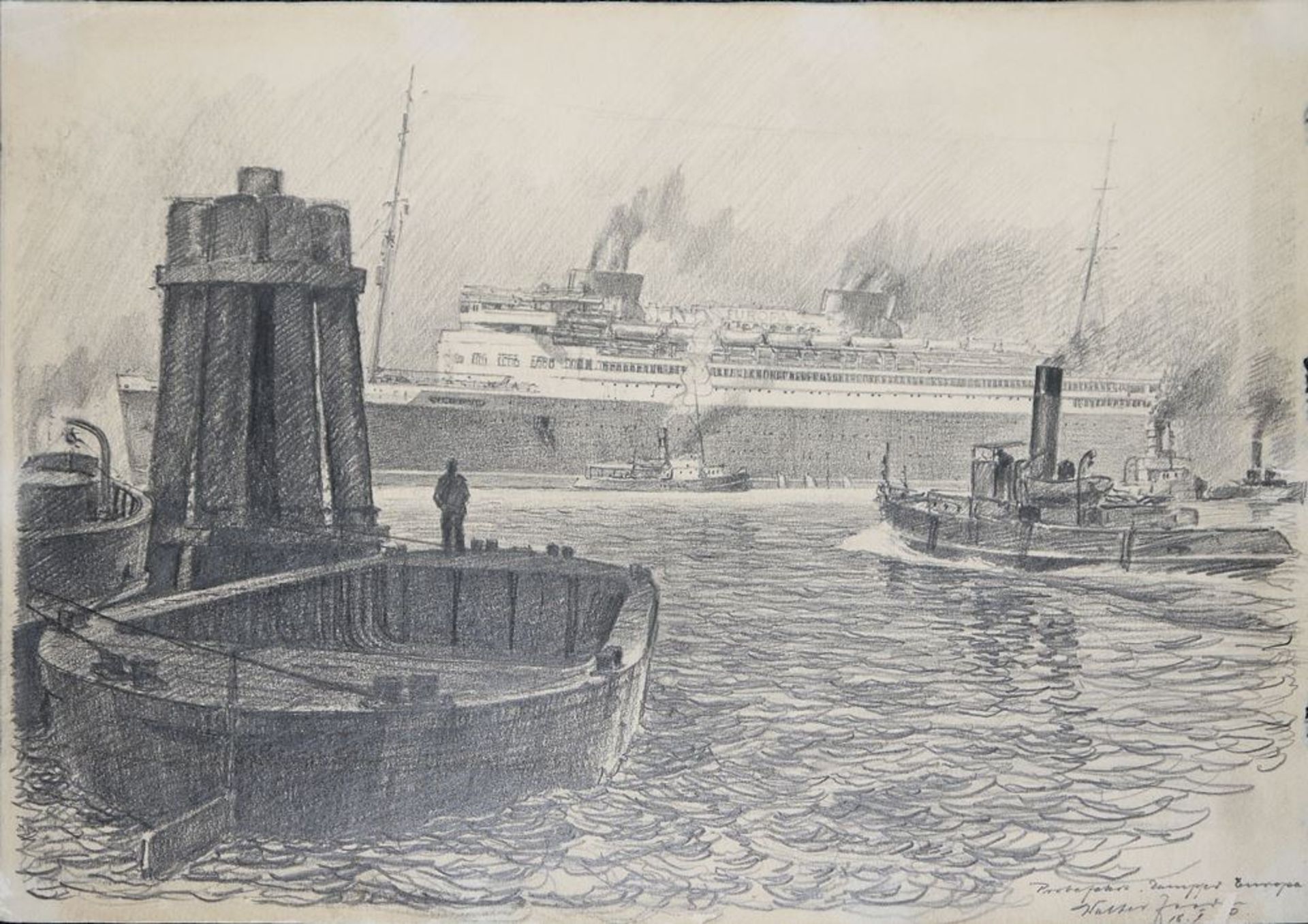 Walter Zeeden, " Probefahrt Dampfer Europa in Hamburg am 22.2.1930 ", Zeichnung