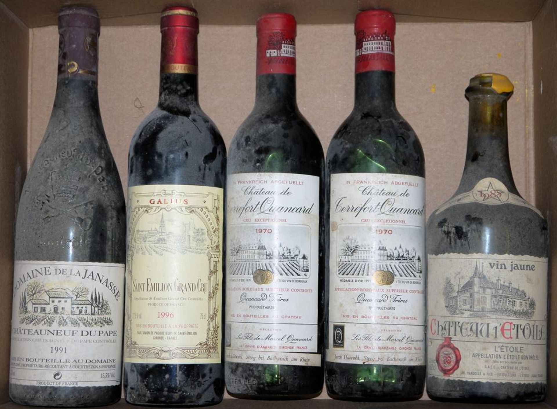 5 Flaschen französischer Wein - 4x Rot (Bordeaux/Rhône & 1x Vin Jaune (Jura)
