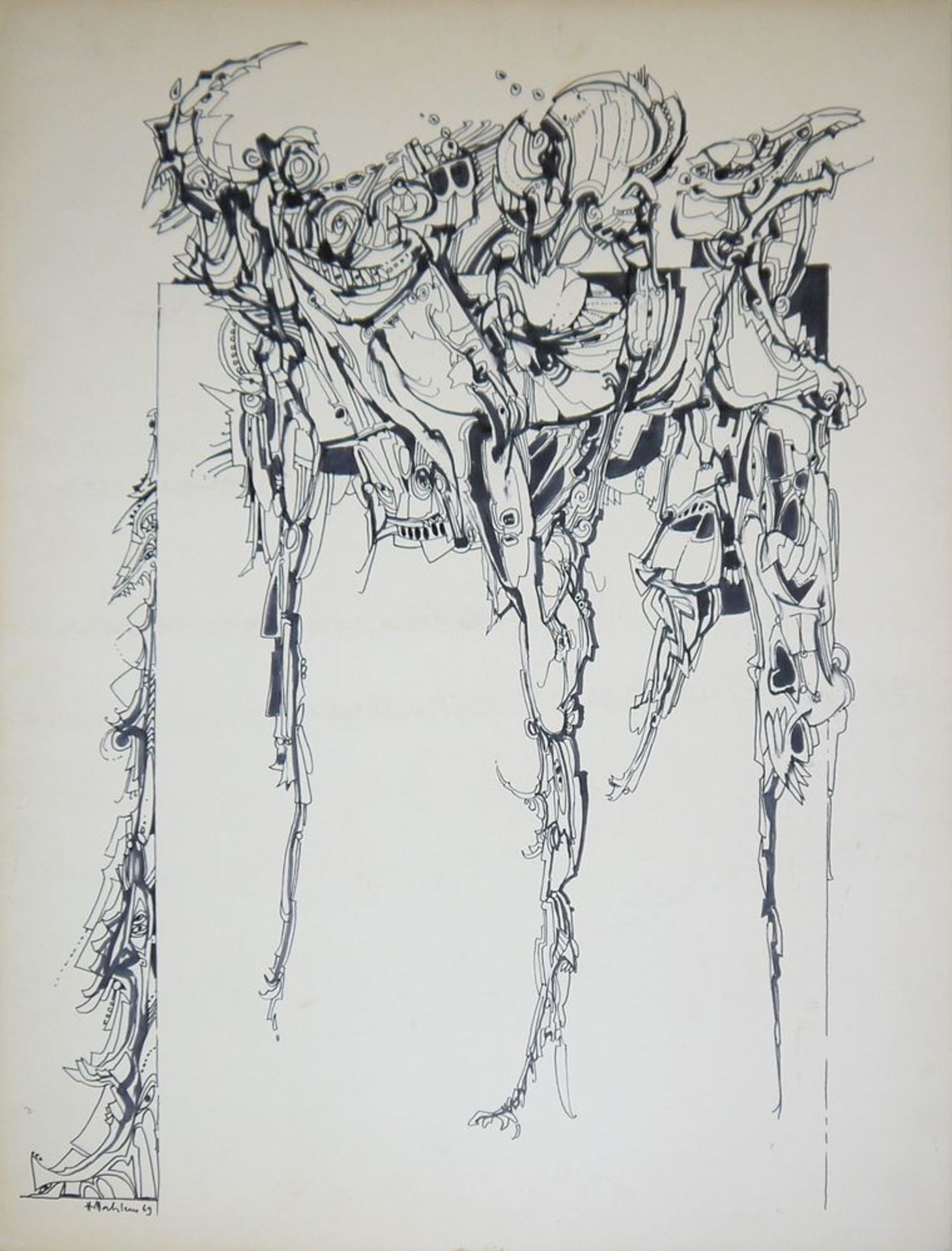 Hans Dahlem, Abstrakte Komposition, signierte Filzstiftzeichnung von 1969, o. R