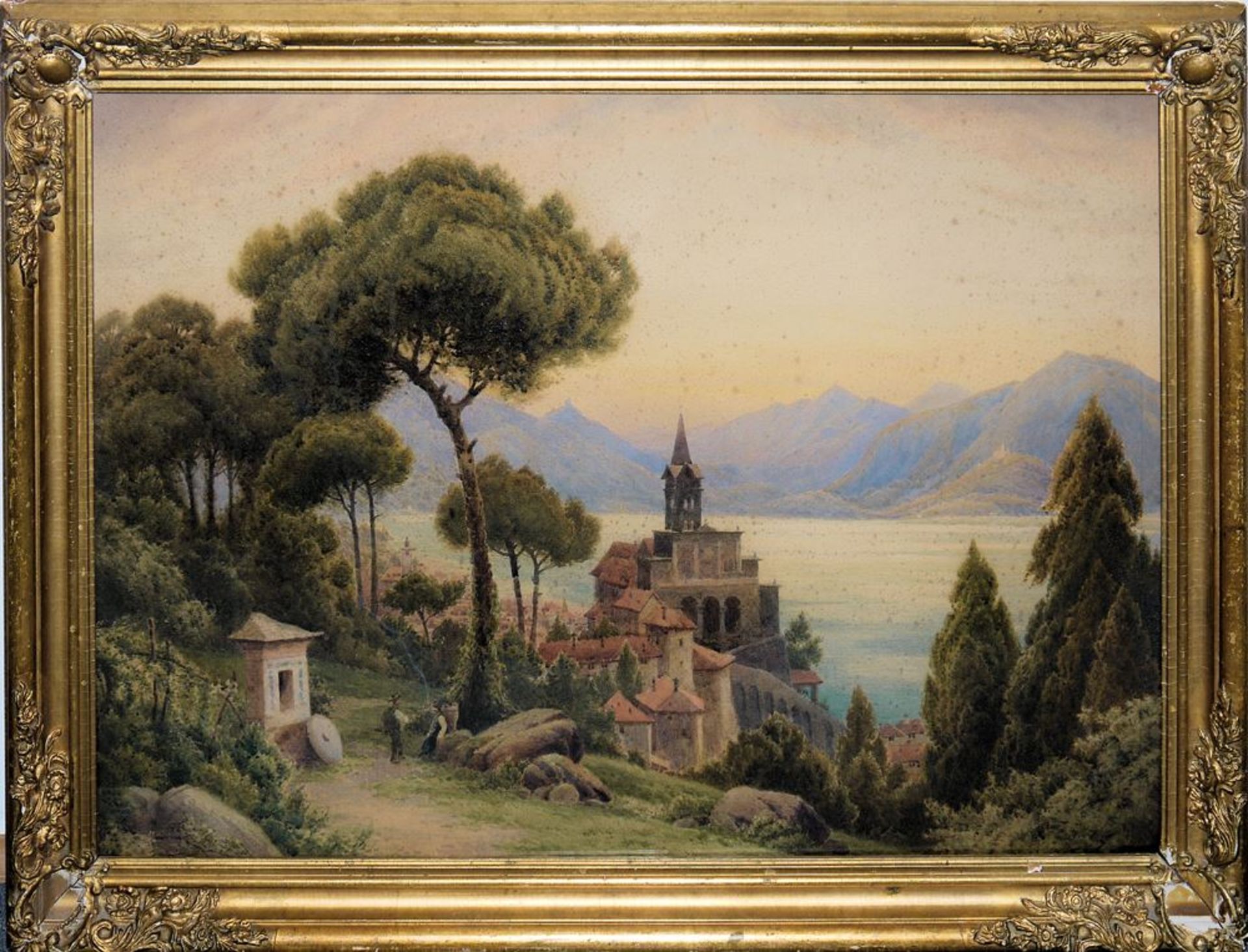 Aquarell-Meister um 1900, Locarno: Blick auf Madonna del Sasso bei Sonnenunterg