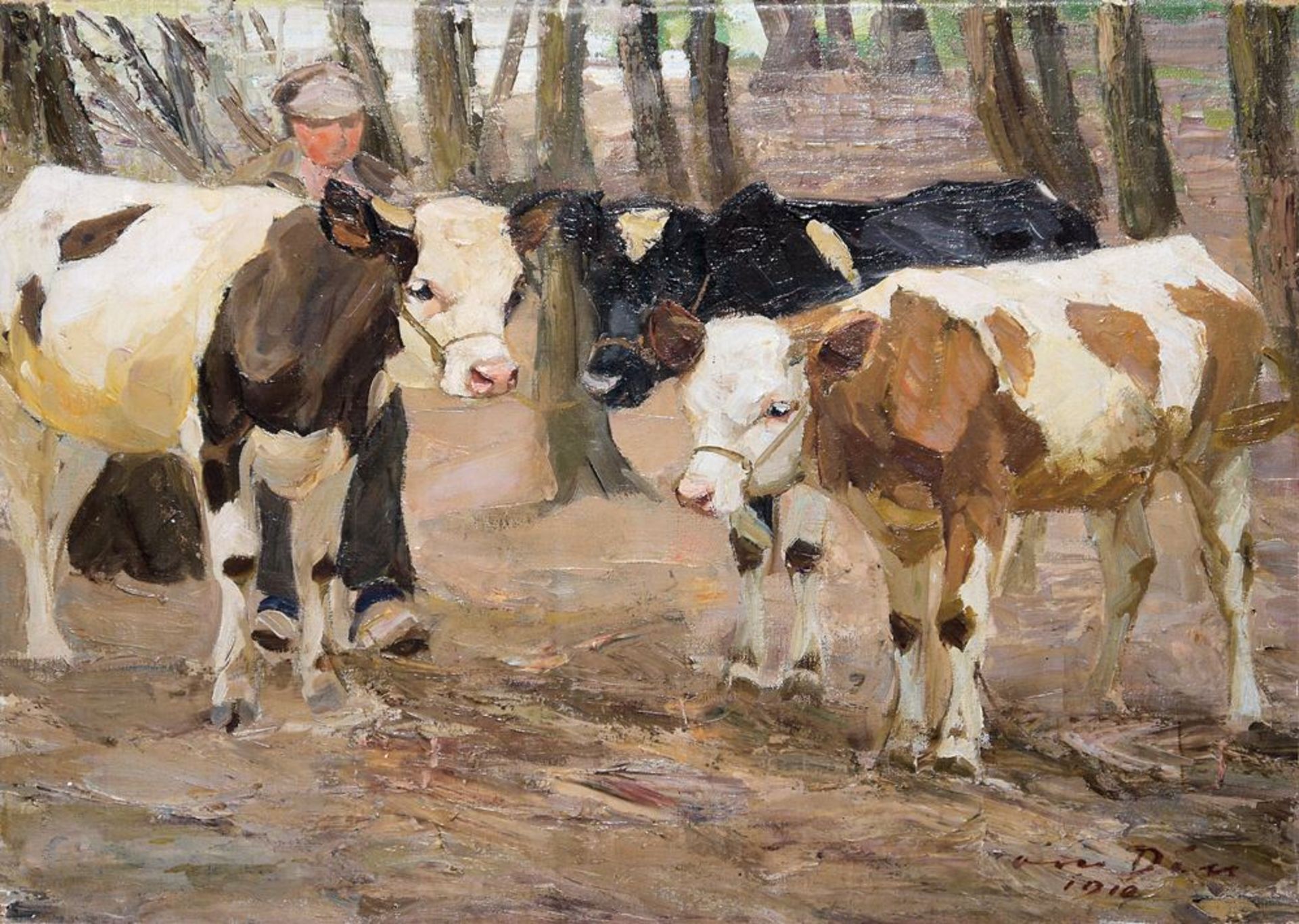Otto Dill, Drei Kühe und Bauer, Ölgemälde von 1910