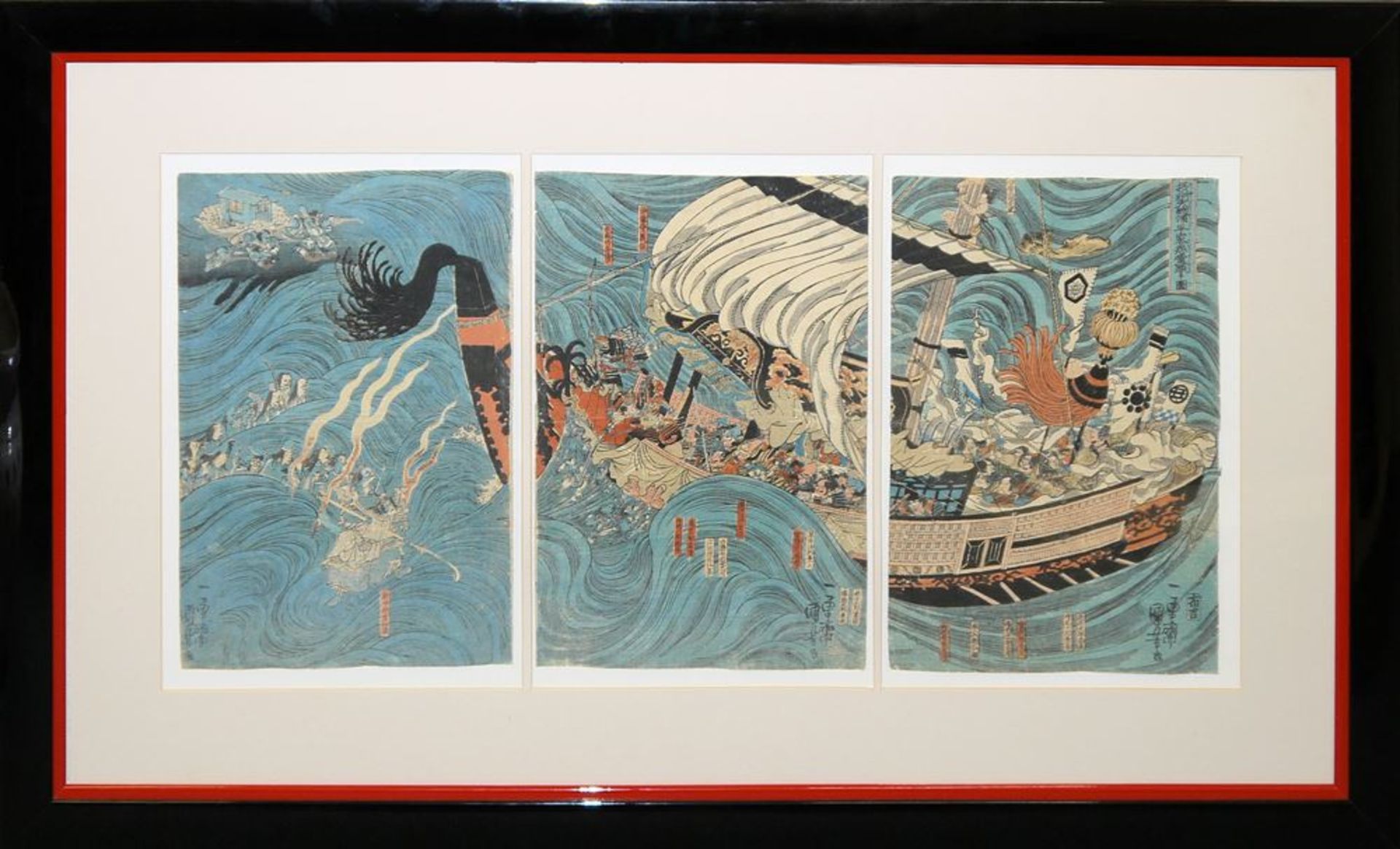 Utagawa Kuniyoshi, Angriff auf das Schiff des Yoshitsune, Holzschnitt-Triptycho