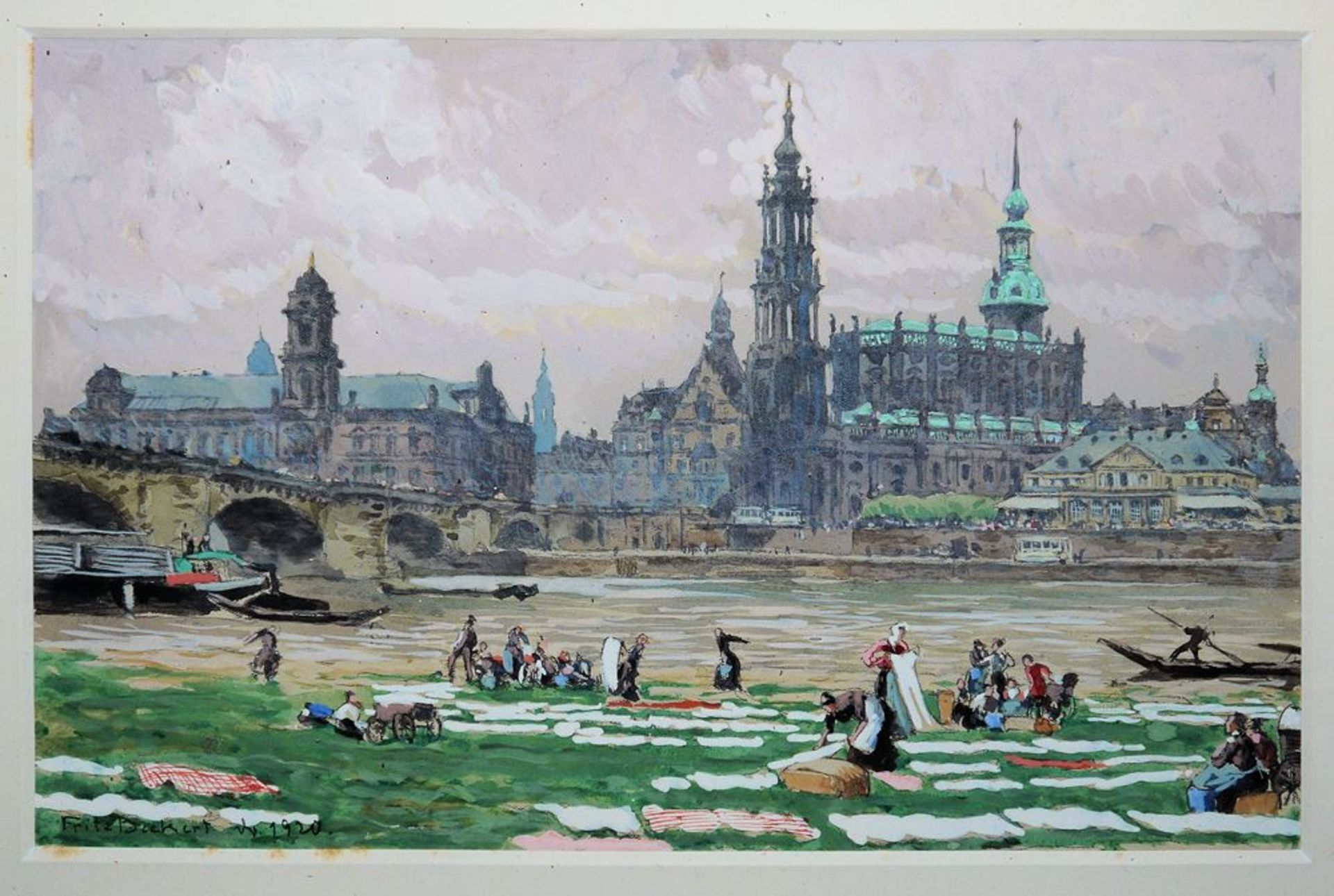 Fritz Beckert, Die große Bleiche am Elbeufer in Dresden, Aquarell, 1920, originaler Goldrahmen - Image 2 of 3