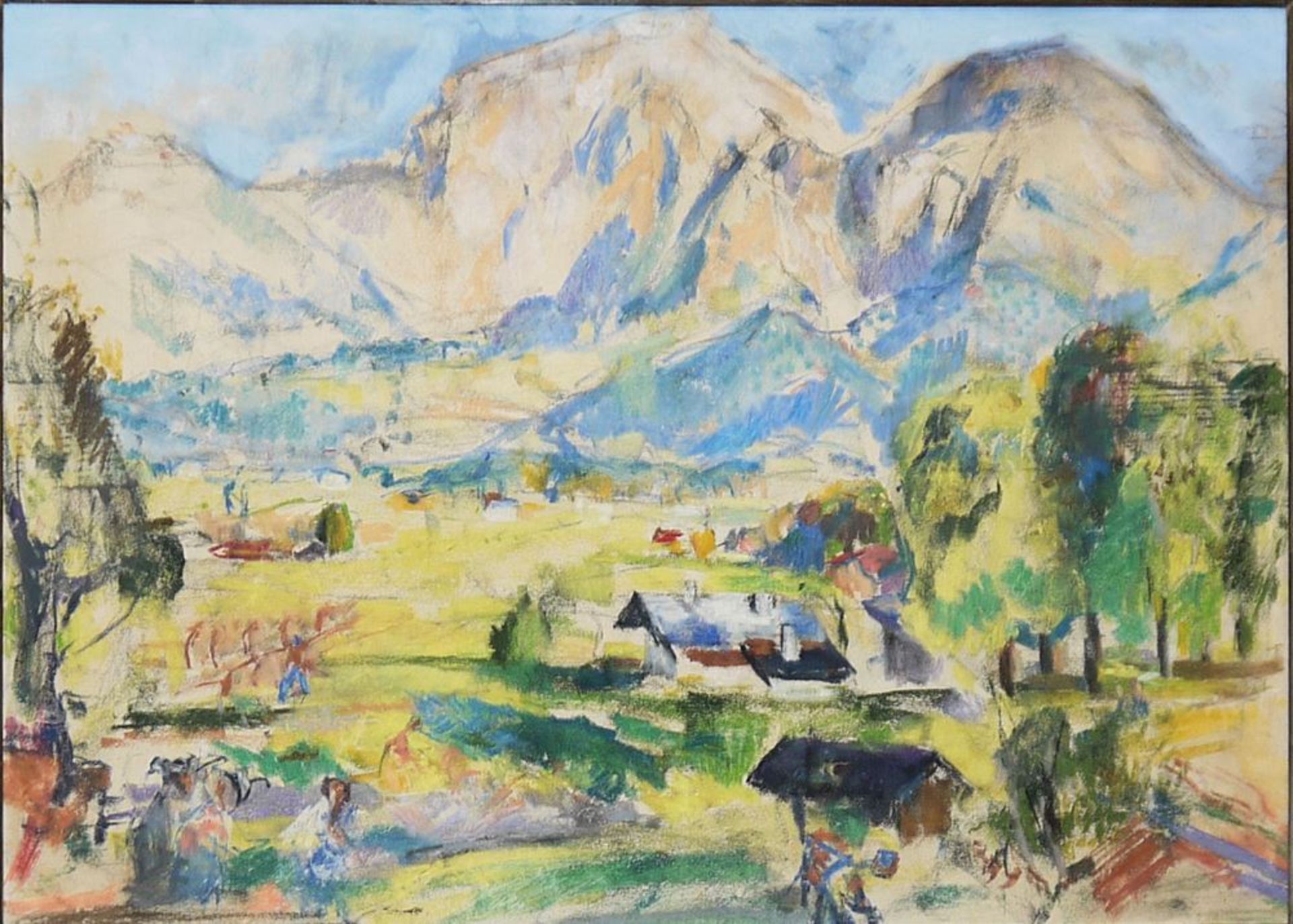 Alpenländischer Expressionist um 1920, Sonnige bäuerliche Landschaft mit Bergkette, Mischtechnik