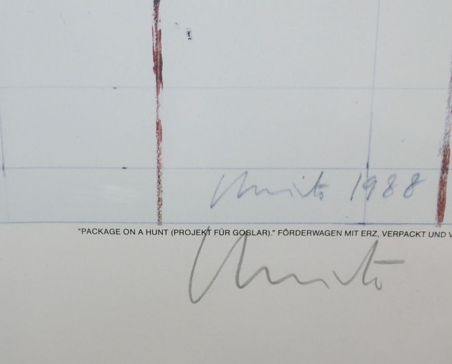 Christo, "Package on a 'Hunt' (Project For Goslar)", signierte Farboffset von 1988, gerahmt - Image 2 of 2