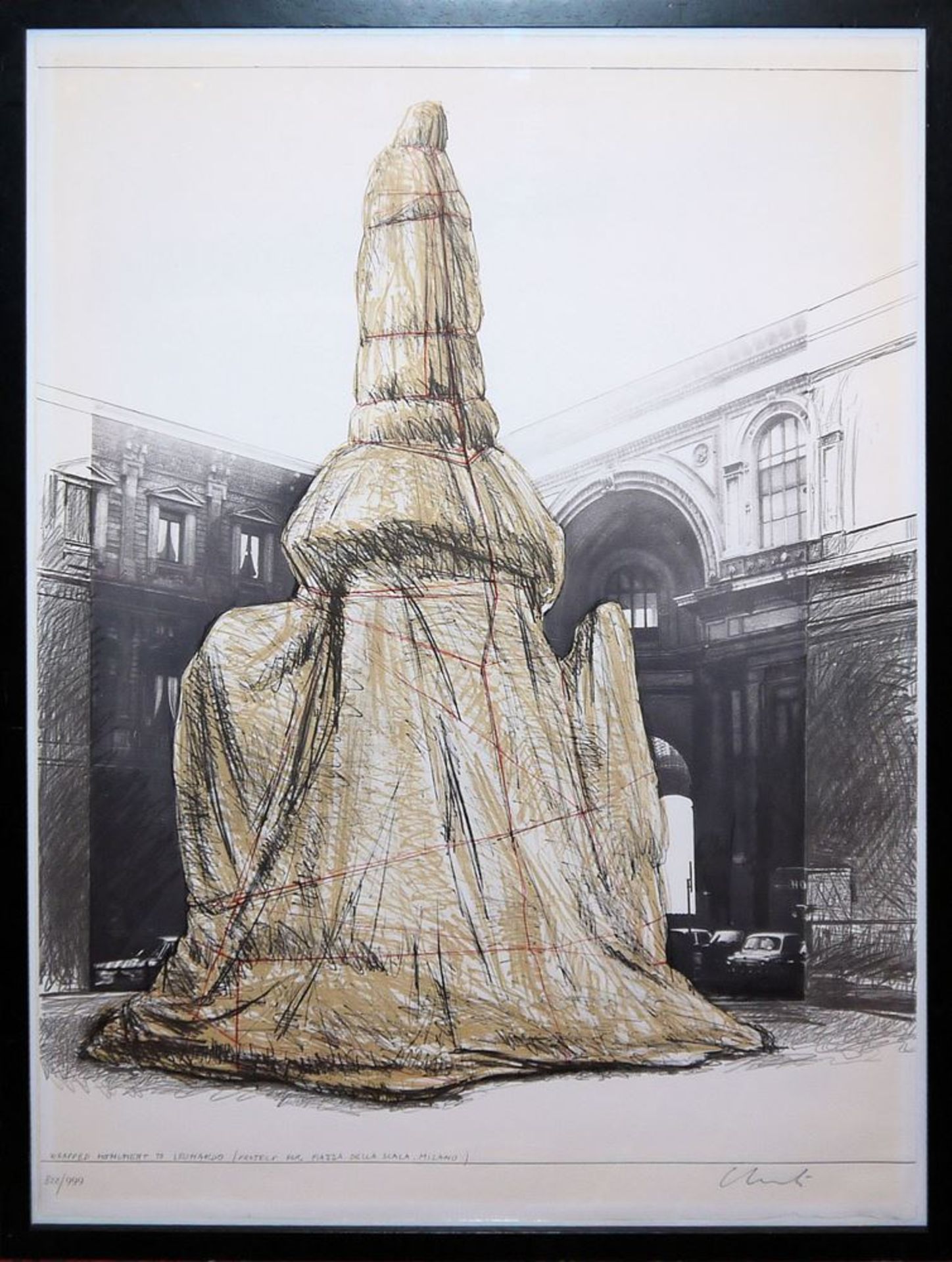Christo, "Wrapped Monument To Leonardo", signierte Farblithographie, gerahmt