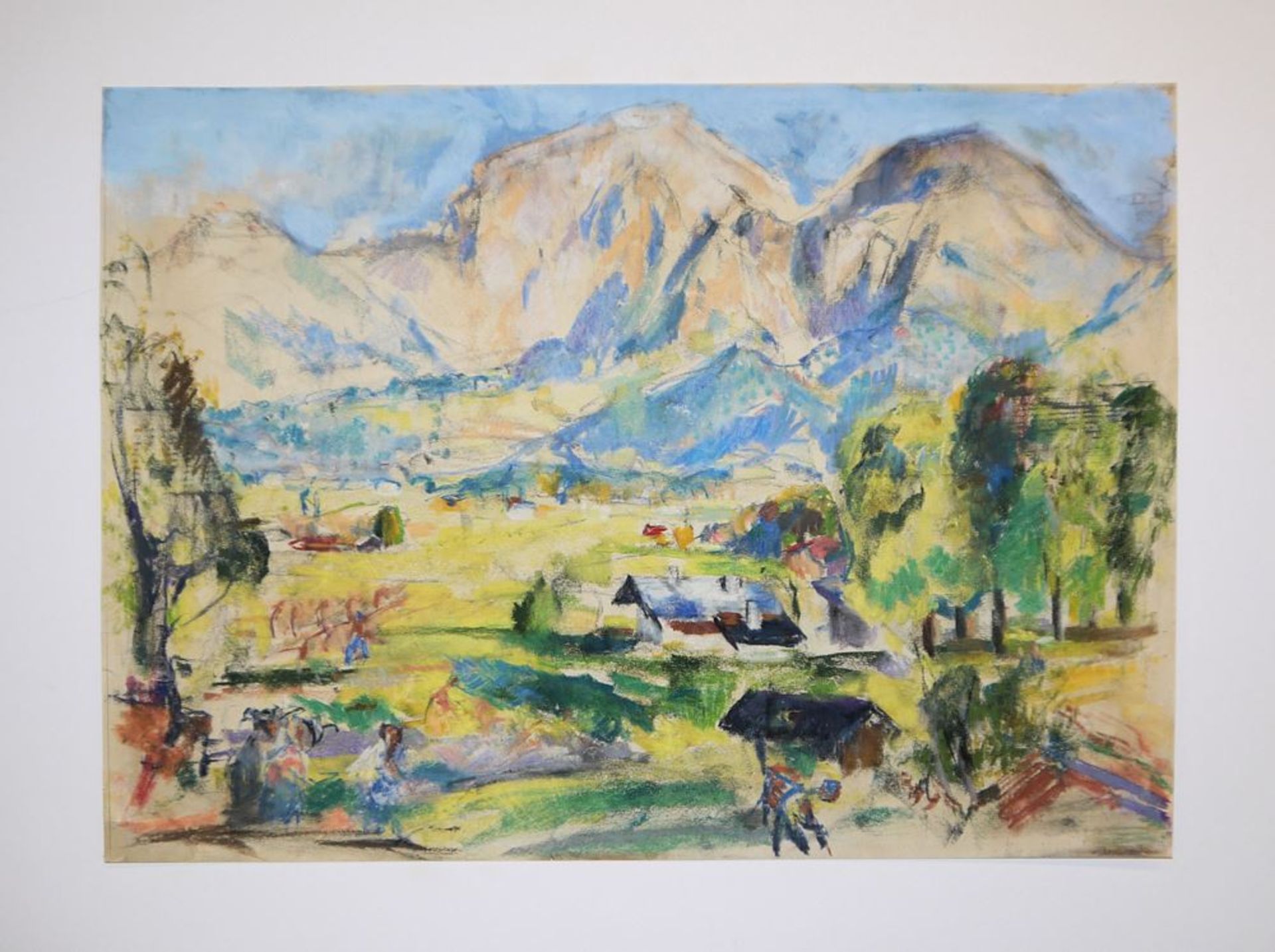 Alpenländischer Expressionist um 1920, Sonnige bäuerliche Landschaft mit Bergkette, Mischtechnik - Image 2 of 2