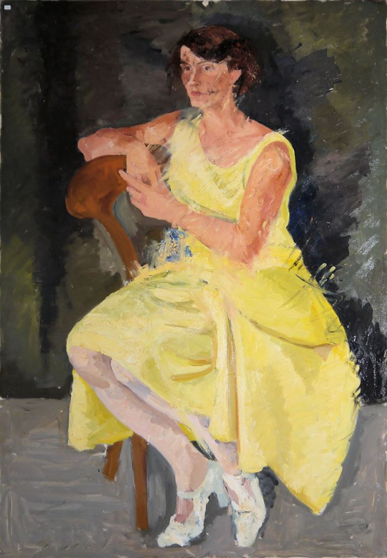 Fritz Feigler, Ganzfigurenportrait einer sitzenden Frau, großes, expressives Ölgemälde, 1920/30 Jah