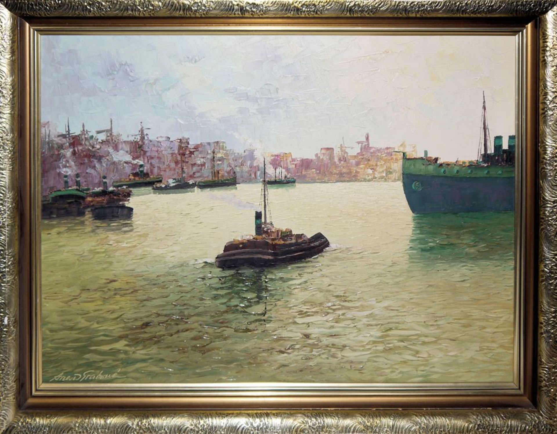 Georg Arnold-Graboné, "Hamburger Hafen", signiertes Ölgemälde von 1966, im Goldrahmen, anbei Zertif