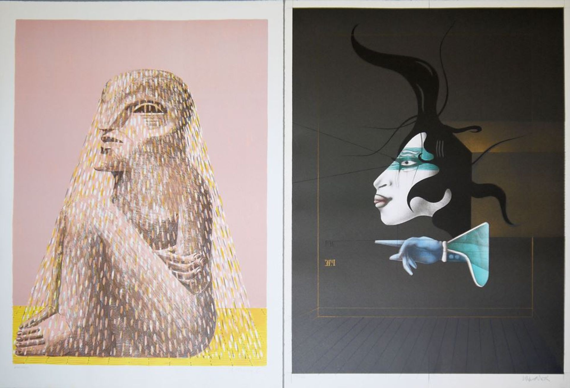 Horst Antes, Sitzender mit Schleier, Farblitho von 1979 und Paul Wunderlich, "Sphinx und Handschuh"