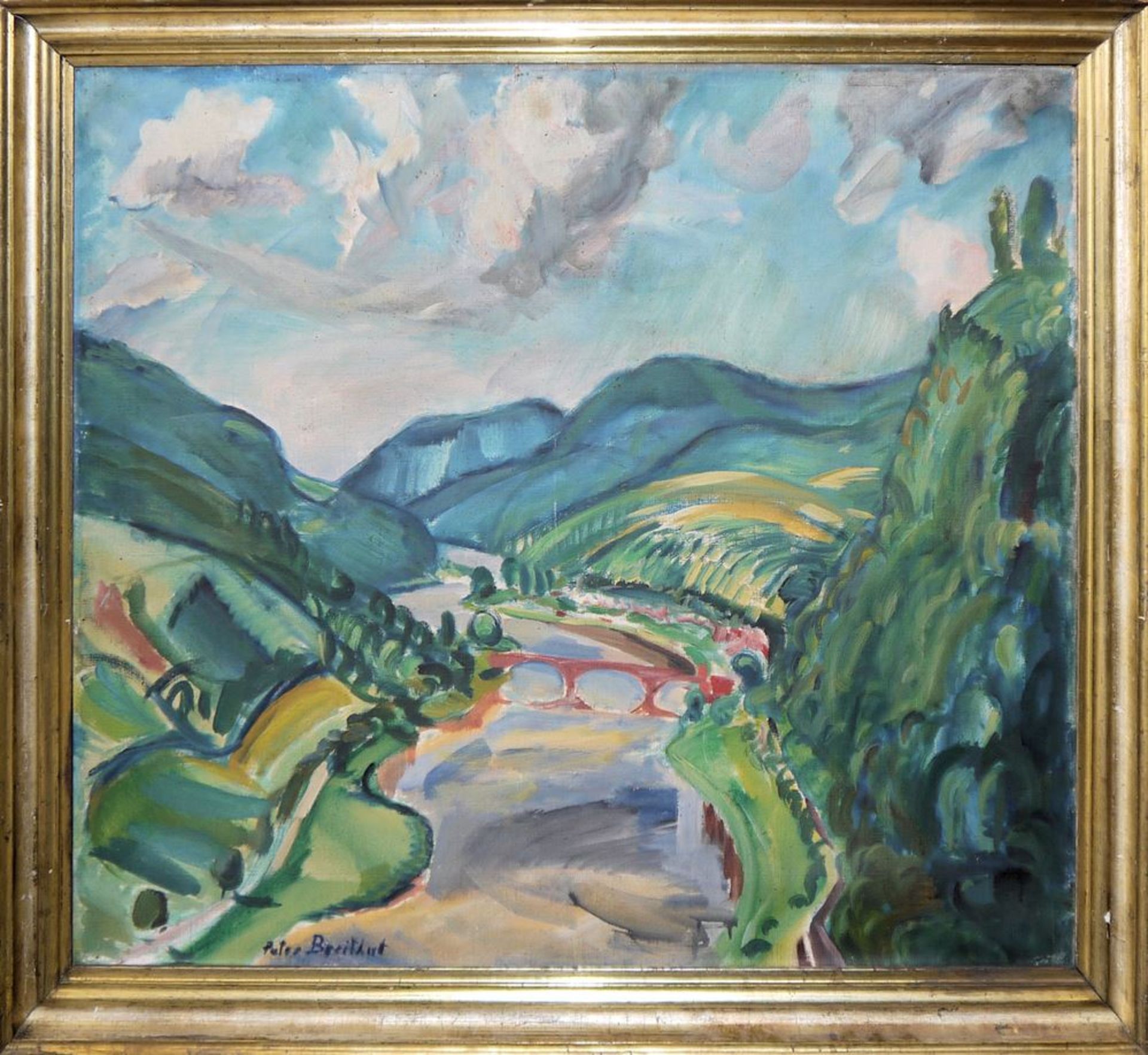 Peter Breithut, Sommerlicher Flusslauf in Mittelgebirgslandschaft, expressionistisches Ölgemälde, g