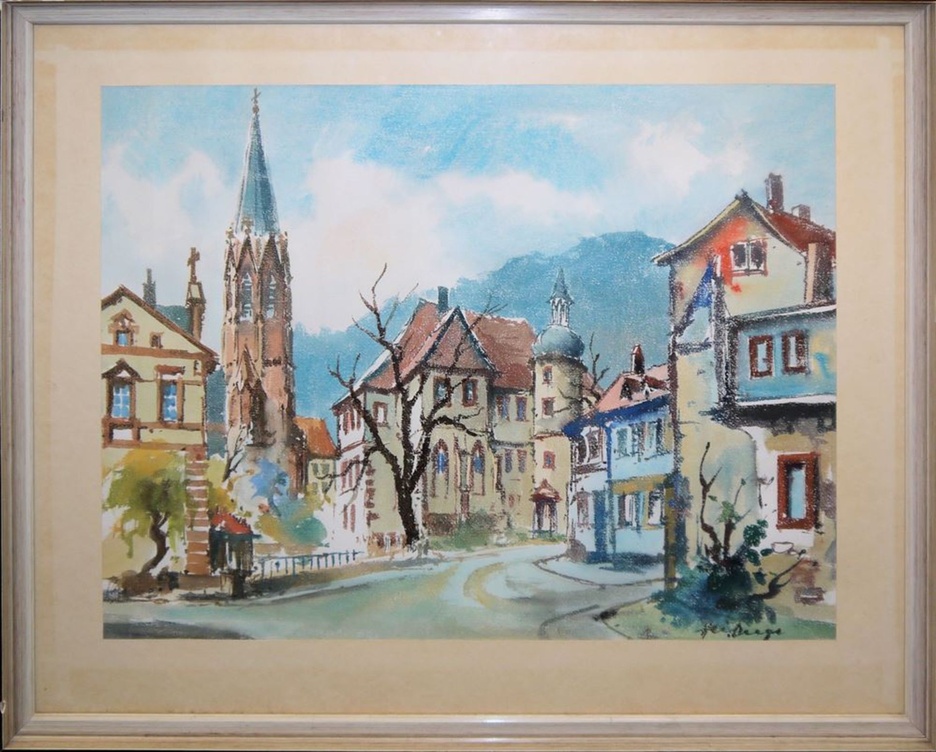 Heiner Deege, Ansicht der Marienkirche und dem Casimirianum in Neustadt an der Weinstrasse, Pastell