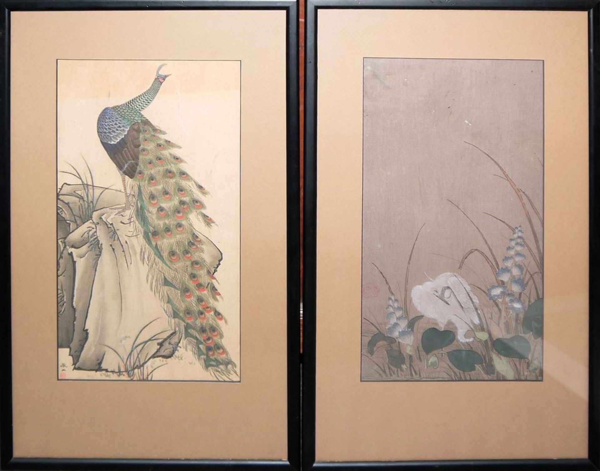 Koson Ohara, Kono Bairei u.a., vier japanische Farbholzschnitte mit Tieren