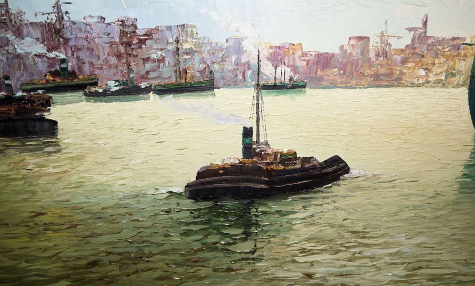 Georg Arnold-Graboné, "Hamburger Hafen", signiertes Ölgemälde von 1966, im Goldrahmen, anbei Zertif - Image 3 of 7