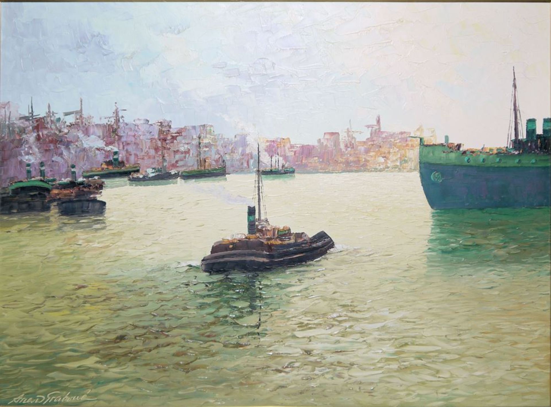 Georg Arnold-Graboné, "Hamburger Hafen", signiertes Ölgemälde von 1966, im Goldrahmen, anbei Zertif - Bild 2 aus 7