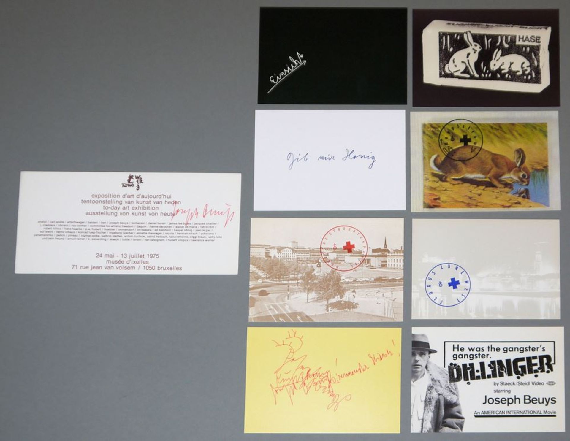 Joseph Beuys, signierte Einladungskarte "exposition d'art d'aujourd'hui" & 8 Beuys-Kunstpostkarten