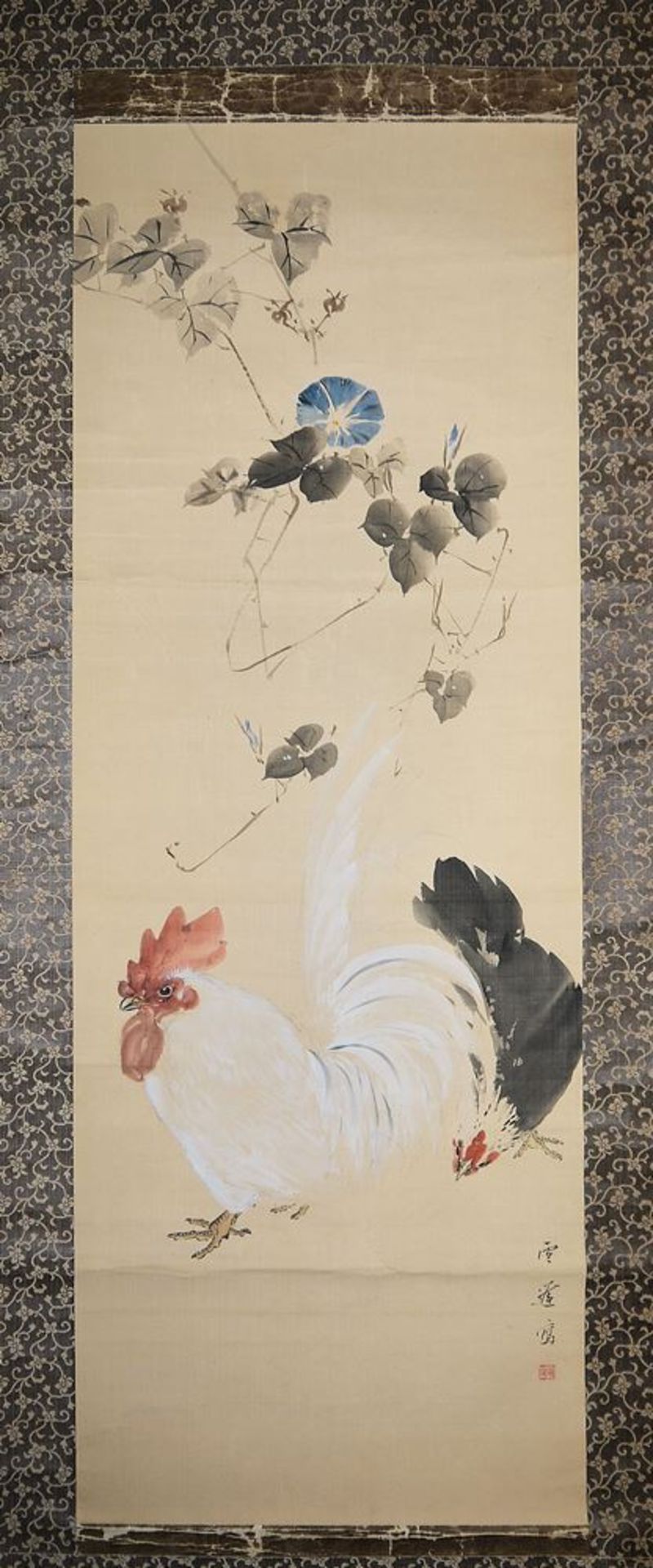 Ba Dao Ying, Geflügel und Windenblüten, Bildrolle, China, 19./20. Jh.