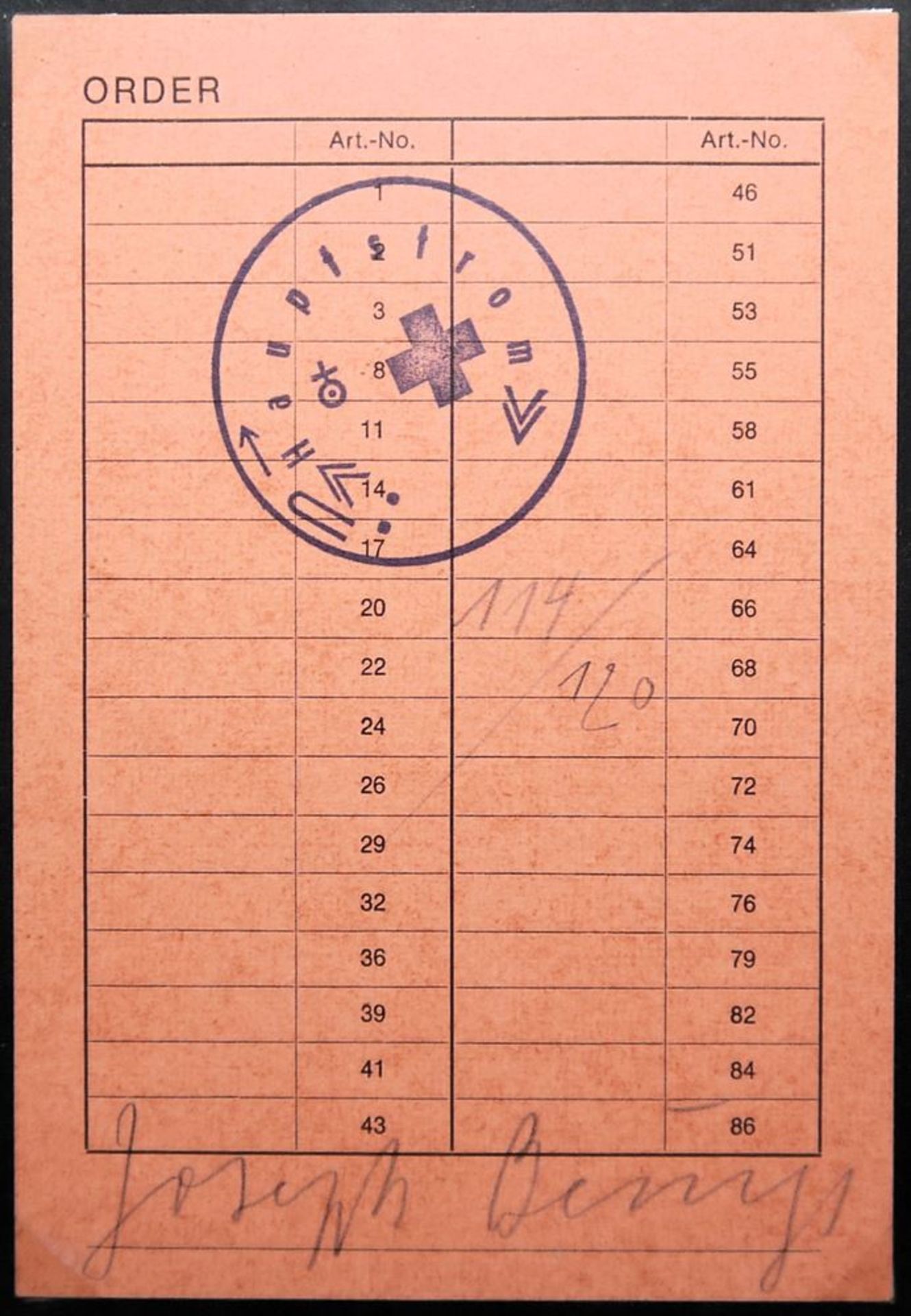 Joseph Beuys, "Order", Bestellkarte, 1973, gestempelt, signiert und nummeriert, gerahmt - Image 2 of 3