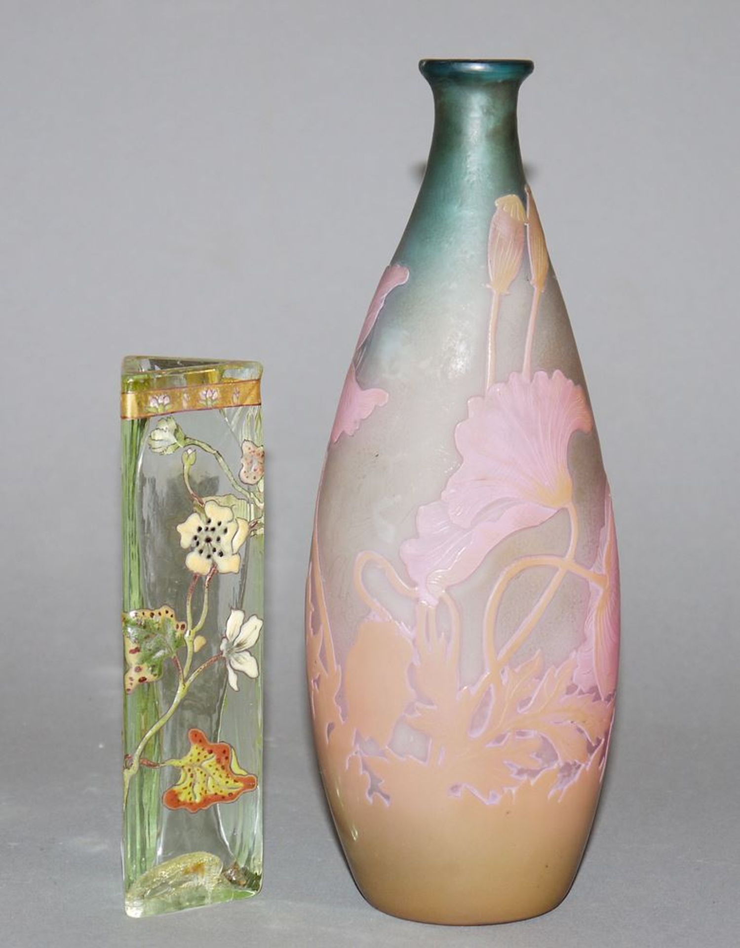 Émile Gallé, kleine Vase mit Emailmalerei um 1880-85 & Vase mit Klatschmohn um 1905