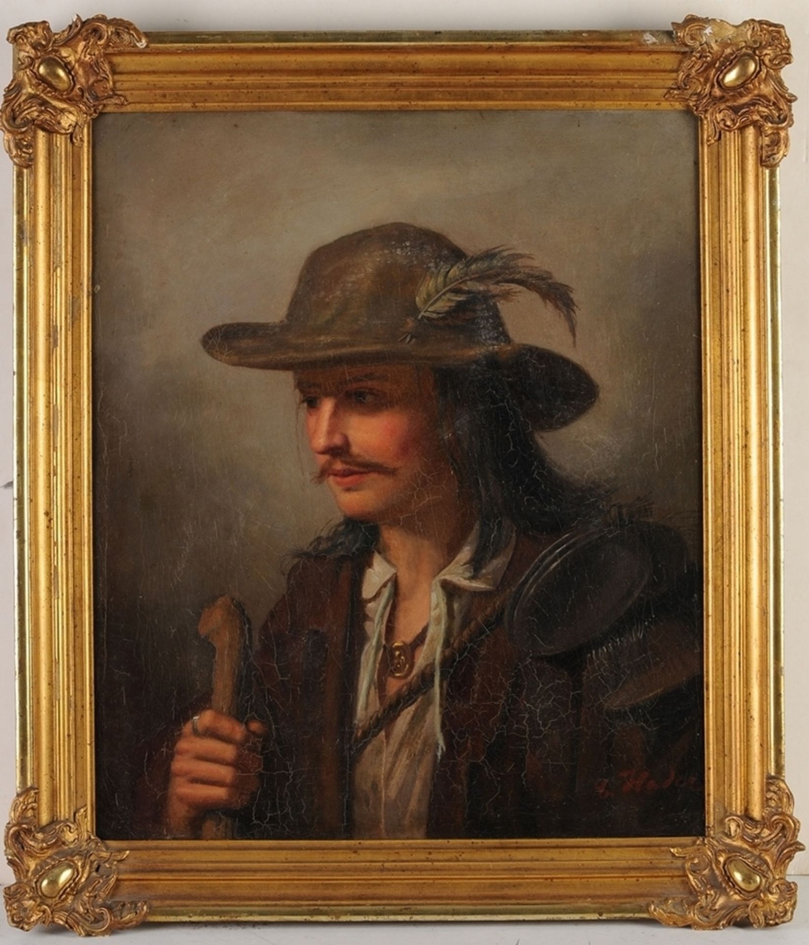 Hader, Ernst (Berlin ca. 1866 - 1922) Öl/ Lwd. Portrait eines Jägers. R. u. sign. Maloberfläche mit