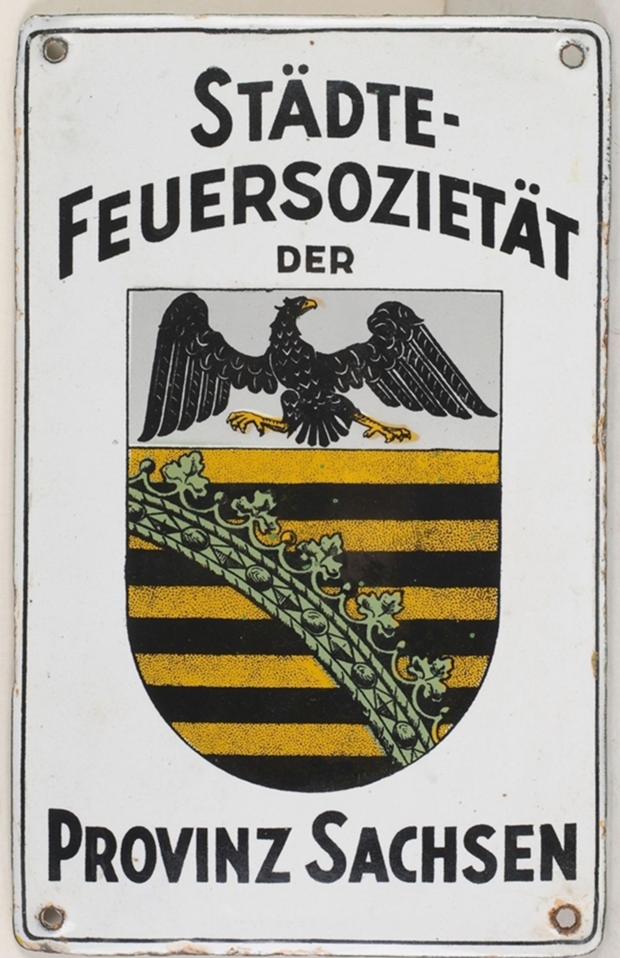 Emailschild "Städte-Feuersozietät"Rechteckige, l. gewölbte Eisentafel. Polychromer Emailau