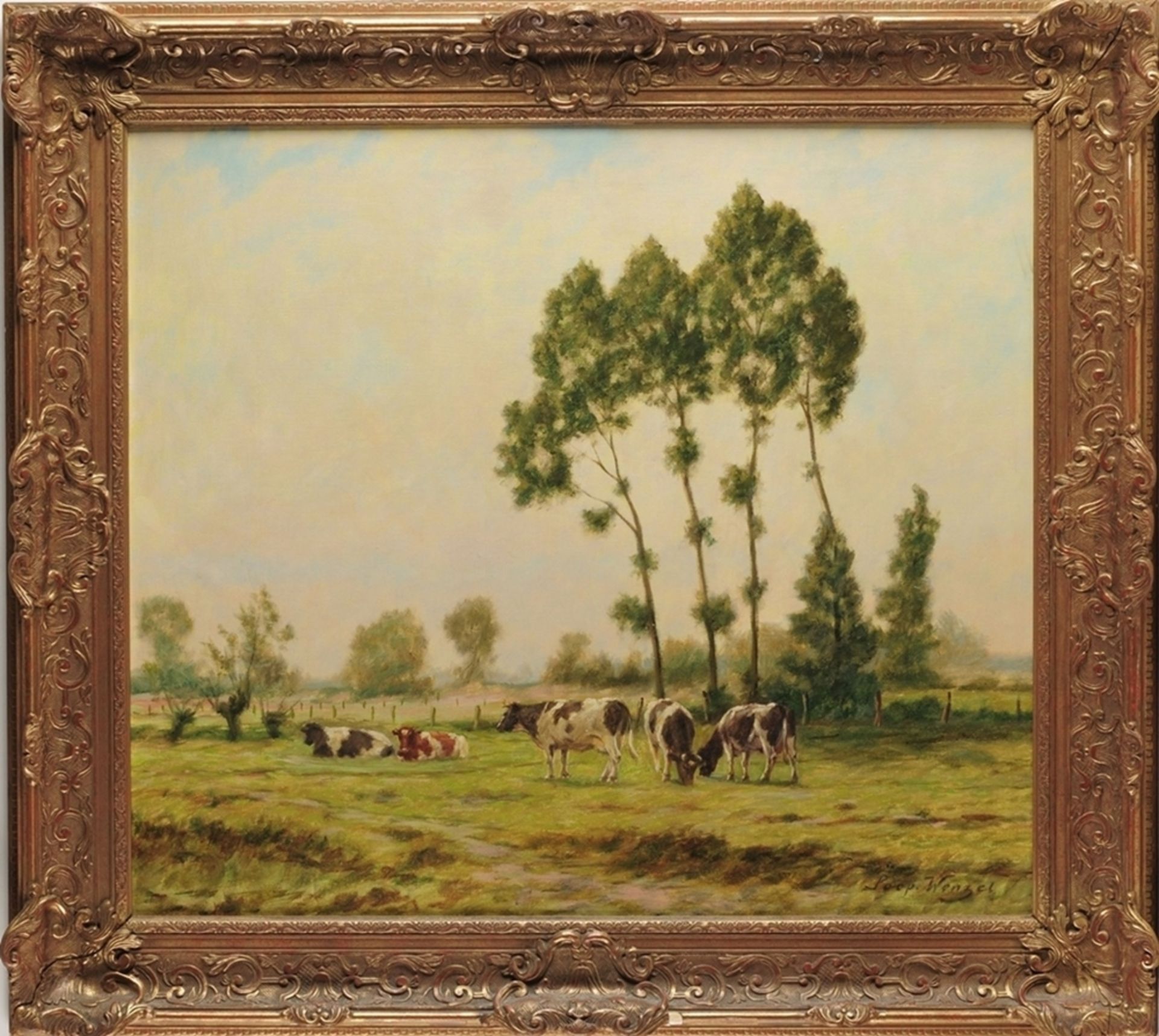 Wenzel, Leopold(1885 Elberfeld - 1972 Erkrath) Öl/ Lwd. Landschaft mit weidenden Kühen. L.