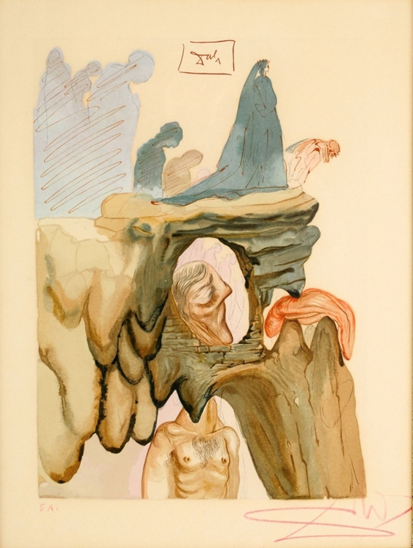 Dali, Salvador(Figueres 1904 - 1989) Farbholzschnitt auf Bütten. "Gebirge der Menschen" o. "