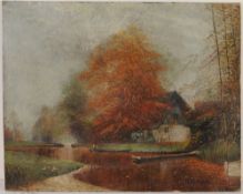 Vollrath, M. (Deutscher Maler, 1. H. 20. Jh.) Öl/ Malpappe. Herbstliche Uferlandschaft mit Kähnen