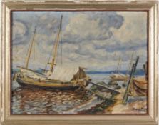Unbekannt(Russischer Maler, 1. H. 20. Jh.) Öl/ Lwd. Uferlandschaft mit vor Anker liegenden B