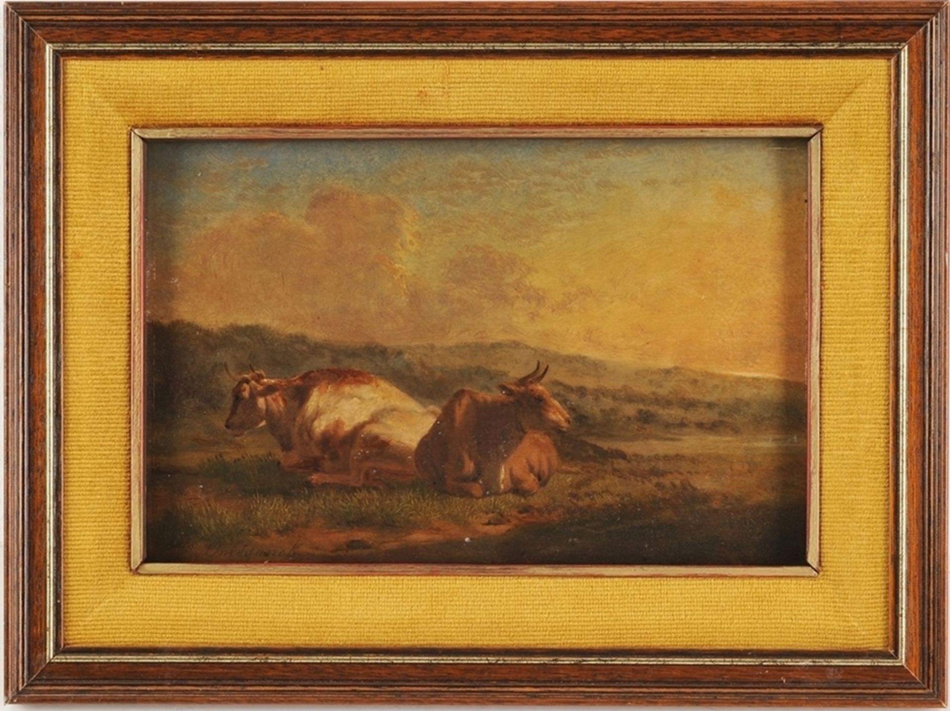 Ommeganck, Balthazar Paul attr.(Antwerpen 1755 - 1826) Öl/ Holz. Kleine Landschaft mit 2 ruh