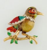 Vogel-Brosche750er GG. Plastisch geformter, auf einem Zweiglein sitzender Vogel. Polychromer