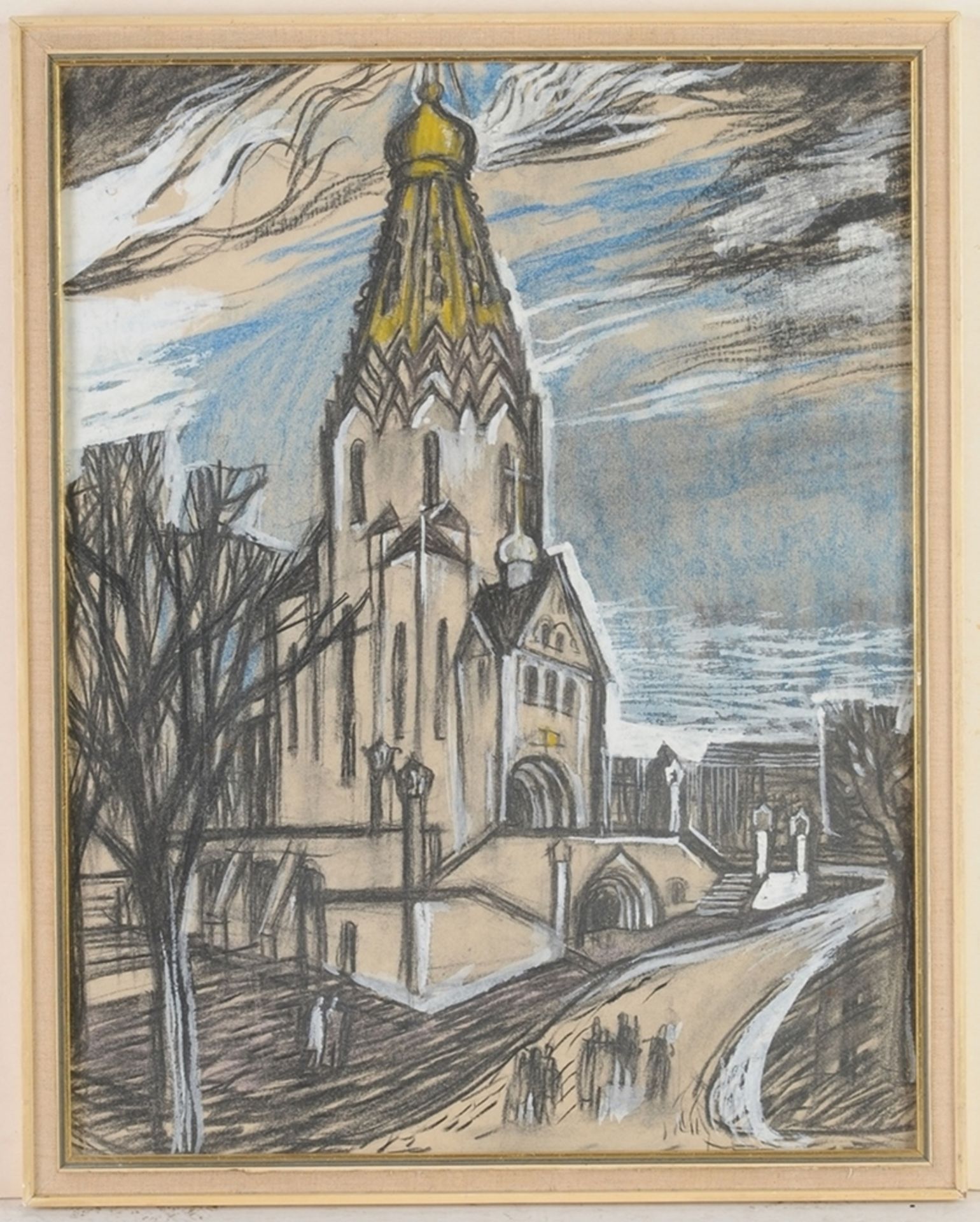 Metze, CurtKohle, Pastellkreide, part. weiß gehöht/ Papier. "Russische Kirche" in Leipzig.