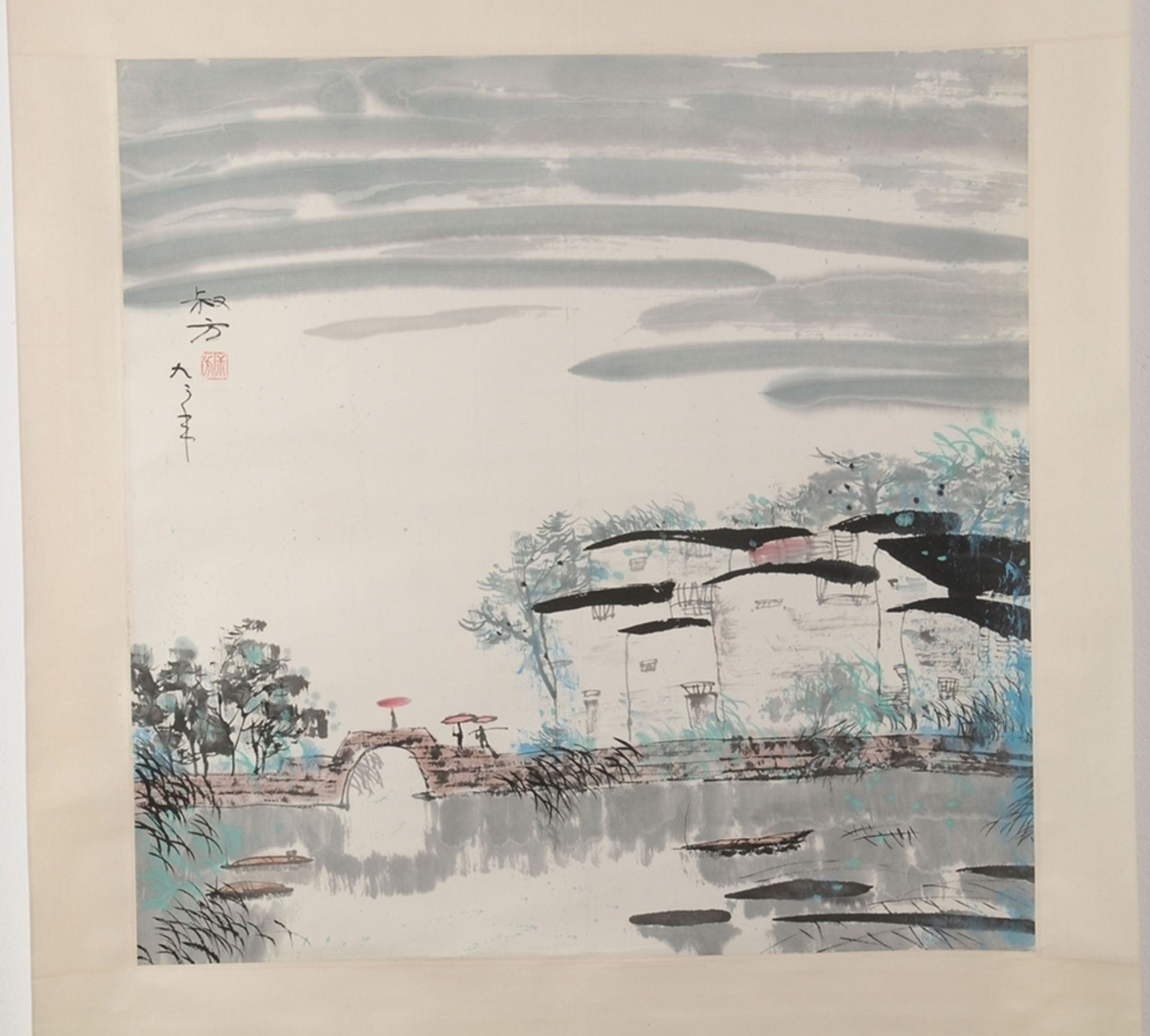 Zheng, Shufang(Chinesischer Künstler, geb. 1941) Tusche, Aquarell/ Papier. Hängerolle. Dorf